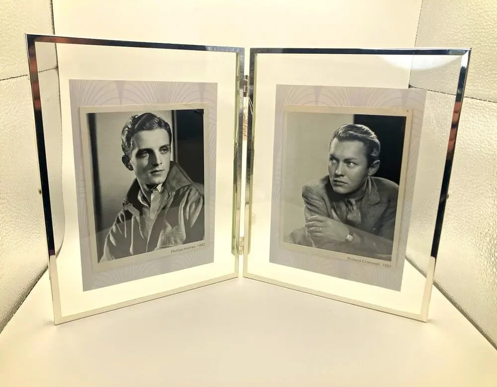 Silver Metal & Clear Glass Hinged Double Frame 4x6 Freestanding w/ 2 Prints